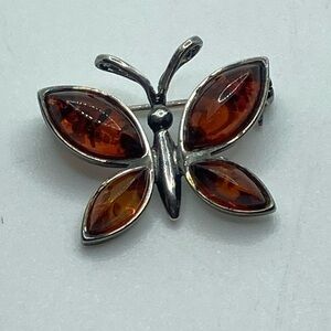 Antique Amber Butterfly Brooch / Pendant Sterling Silver No Stamp Tested .7”